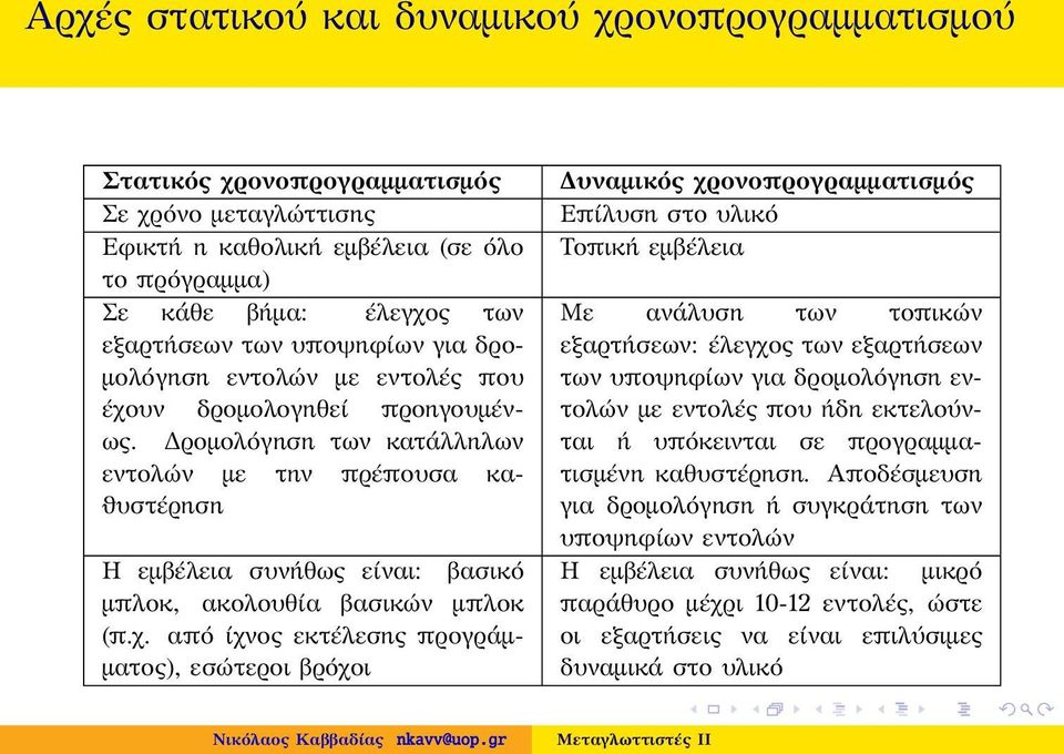 Δρομολόγηση των κατάλληλων εντολών με την πρέπουσα κα- ϑυστέρηση Η εμβέλεια συνήθως είναι: βασικό μπλοκ, ακολουθία βασικών μπλοκ (π.χ.