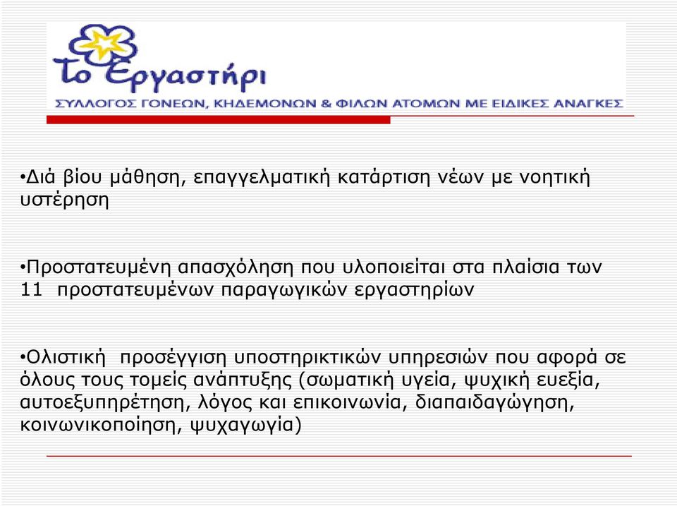 προσέγγιση υποστηρικτικών υπηρεσιών που αφορά σε όλους τους τομείς ανάπτυξης (σωματική