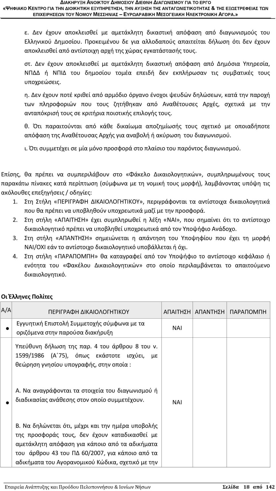 Δεν έχουν αποκλεισθεί με αμετάκλητη δικαστική απόφαση από Δημόσια Υπηρεσία, ΝΠΔΔ ή ΝΠΙΔ του δημοσίου τομέα επειδή δεν εκπλήρωσαν τις συμβατικές τους υποχρεώσεις. η.