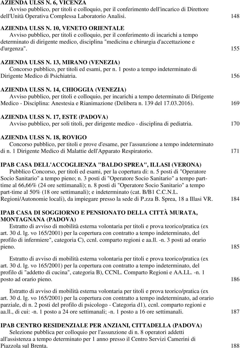 155 AZIENDA ULSS N. 13, MIRANO (VENEZIA) Concorso pubblico, per titoli ed esami, per n. 1 posto a tempo indeterminato di Dirigente Medico di Psichiatria. 156 AZIENDA ULSS N.