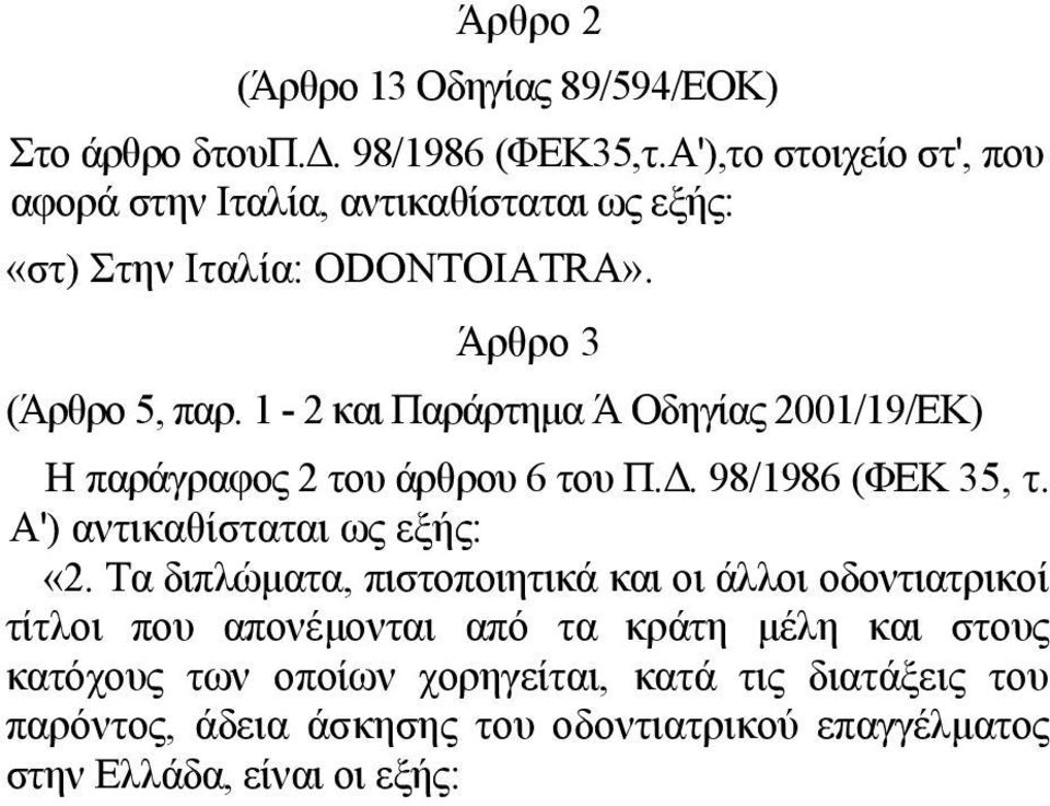 1-2 και Παράρτημα Ά Οδηγίας 2001/19/ΕΚ) Η παράγραφος 2 του άρθρου 6 του Π.Δ. 98/1986 (ΦΕΚ 35, τ. Α') αντικαθίσταται ως εξής: «2.