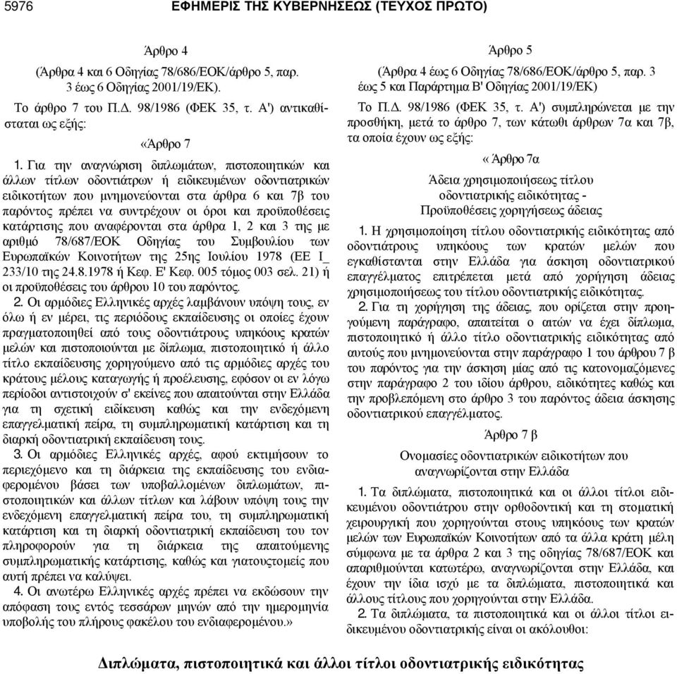 Για την αναγνώριση διπλωμάτων, πιστοποιητικών και άλλων τίτλων οδοντιάτρων ή ειδικευμένων οδοντιατρικών ειδικοτήτων που μνημονεύονται στα άρθρα 6 και 7β του παρόντος πρέπει να συντρέχουν οι όροι και