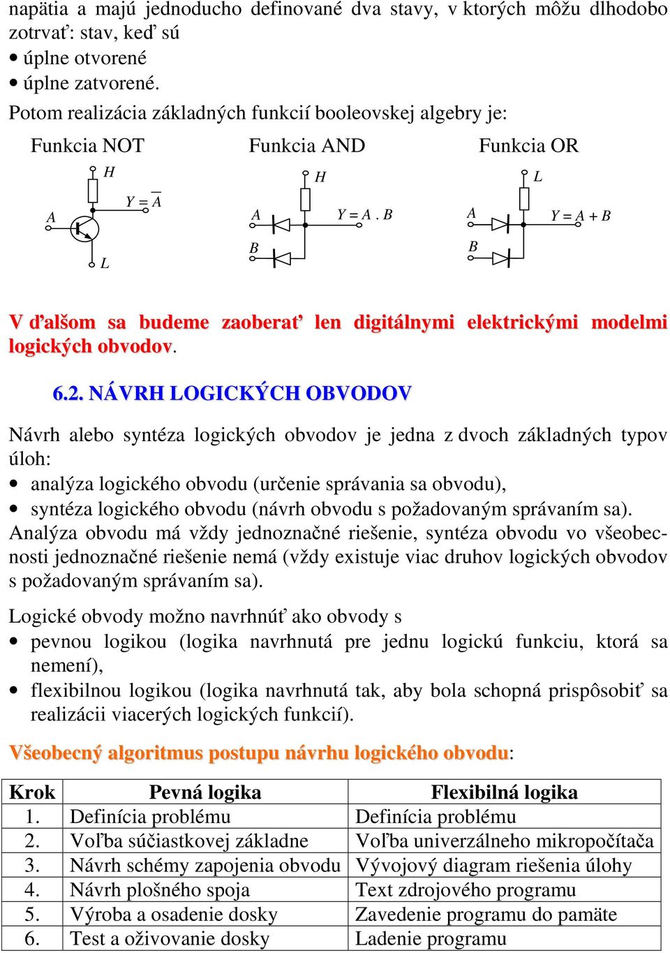 6.2. NÁVH LOGIKÝH OVODOV Návrh alebo syntéza logických obvodov je jedna z dvoch základných typov úloh: analýza logického obvodu (určenie správania sa obvodu), syntéza logického obvodu (návrh obvodu s