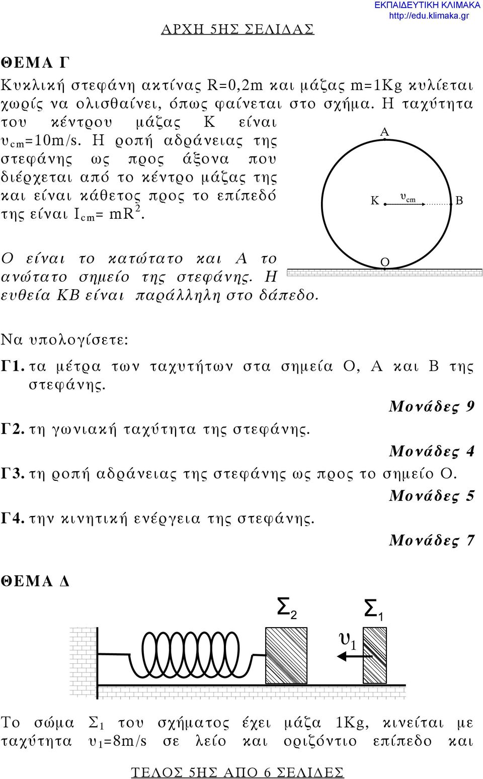 Η ευθεία ΚΒ είναι παράλληλη στο δάπεδο. Να υπολογίσετε: Γ1. τα μέτρα των ταχυτήτων στα σημεία Ο, Α και Β της στεφάνης. Μονάδες 9 Γ2. τη γωνιακή ταχύτητα της στεφάνης. Μονάδες Γ3.