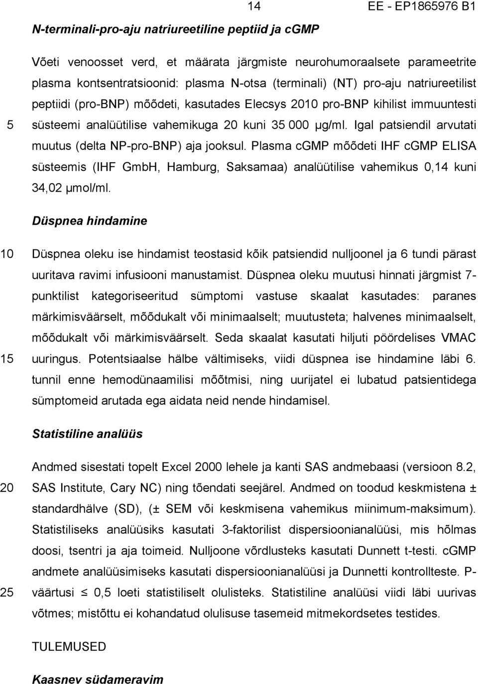 Igal patsiendil arvutati muutus (delta NP-pro-BNP) aja jooksul. Plasma cgmp mõõdeti IHF cgmp ELISA süsteemis (IHF GmbH, Hamburg, Saksamaa) analüütilise vahemikus 0,14 kuni 34,02 µmol/ml.