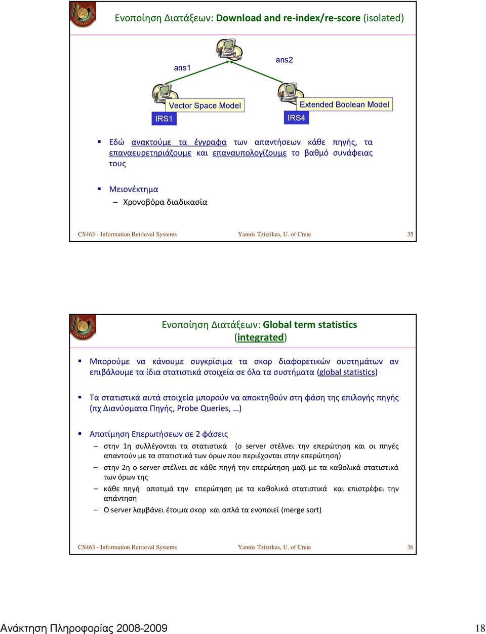 of Crete 35 Ενοποίηση Διατάξεων: Global term statistics (integrated) Μπορούμε να κάνουμε συγκρίσιμα τα σκορ διαφορετικών συστημάτων αν επιβάλουμε τα ίδια στατιστικά στοιχεία σε όλα τα συστήματα