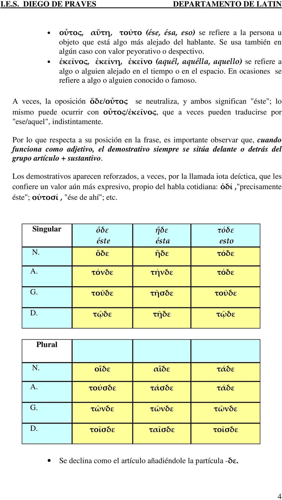 A veces, la oposición ὅδε/οὗτος se neutraliza, y ambos significan "éste"; lo mismo puede ocurrir con οὗτος/ἐκεῖνος, que a veces pueden traducirse por "ese/aquel", indistintamente.