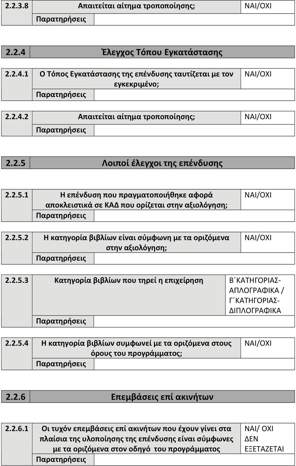 1 2.2.5.2 Η επένδυση που πραγματοποιήθηκε αφορά αποκλειστικά σε ΚΑΔ που ορίζεται στην αξιολόγηση; Η κατηγορία βιβλίων είναι σύμφωνη με τα οριζόμενα στην αξιολόγηση; 2.2.5.3 Κατηγορία βιβλίων που τηρεί η επιχείρηση Β ΚΑΤΗΓΟΡΙΑΣ ΑΠΛΟΓΡΑΦΙΚΑ / Γ ΚΑΤΗΓΟΡΙΑΣ ΔΙΠΛΟΓΡΑΦΙΚΑ 2.