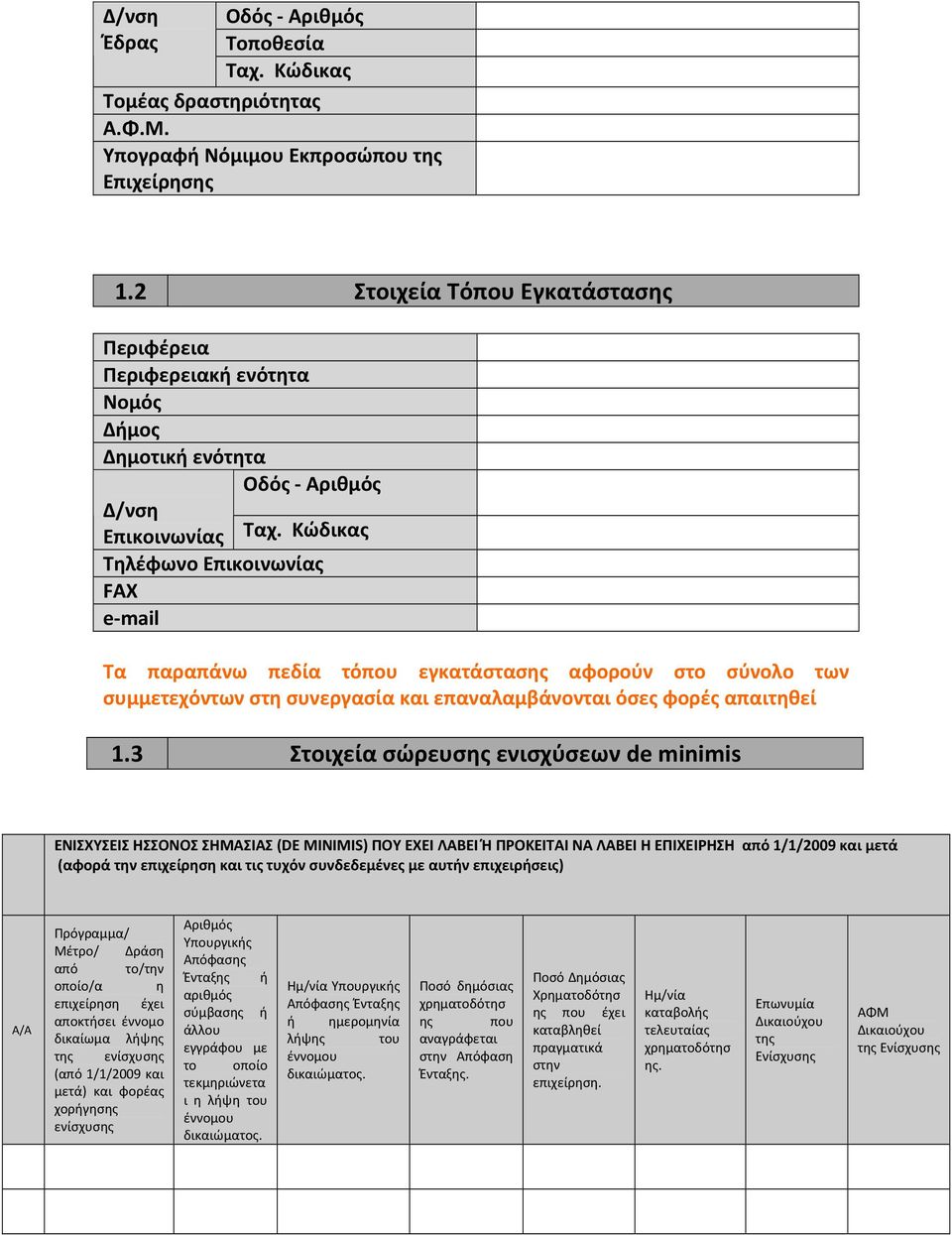 Κώδικας Τηλέφωνο Επικοινωνίας FAX e mail Τα παραπάνω πεδία τόπου εγκατάστασης αφορούν στο σύνολο των συμμετεχόντων στη συνεργασία και επαναλαμβάνονται όσες φορές απαιτηθεί 1.