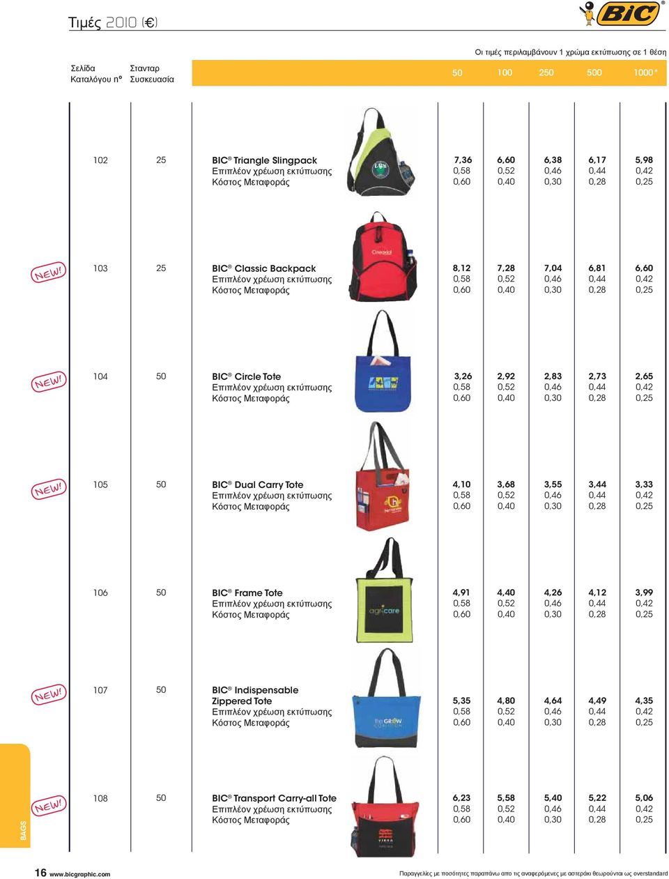 BIC Frame Tote 4,91 4,40 4,26 4,12 3,99 107 BIC Indispensable Zippered Tote 5,35 4,80 4,64 4,49 4,35 BAGS 108 BIC Transport Carry-all
