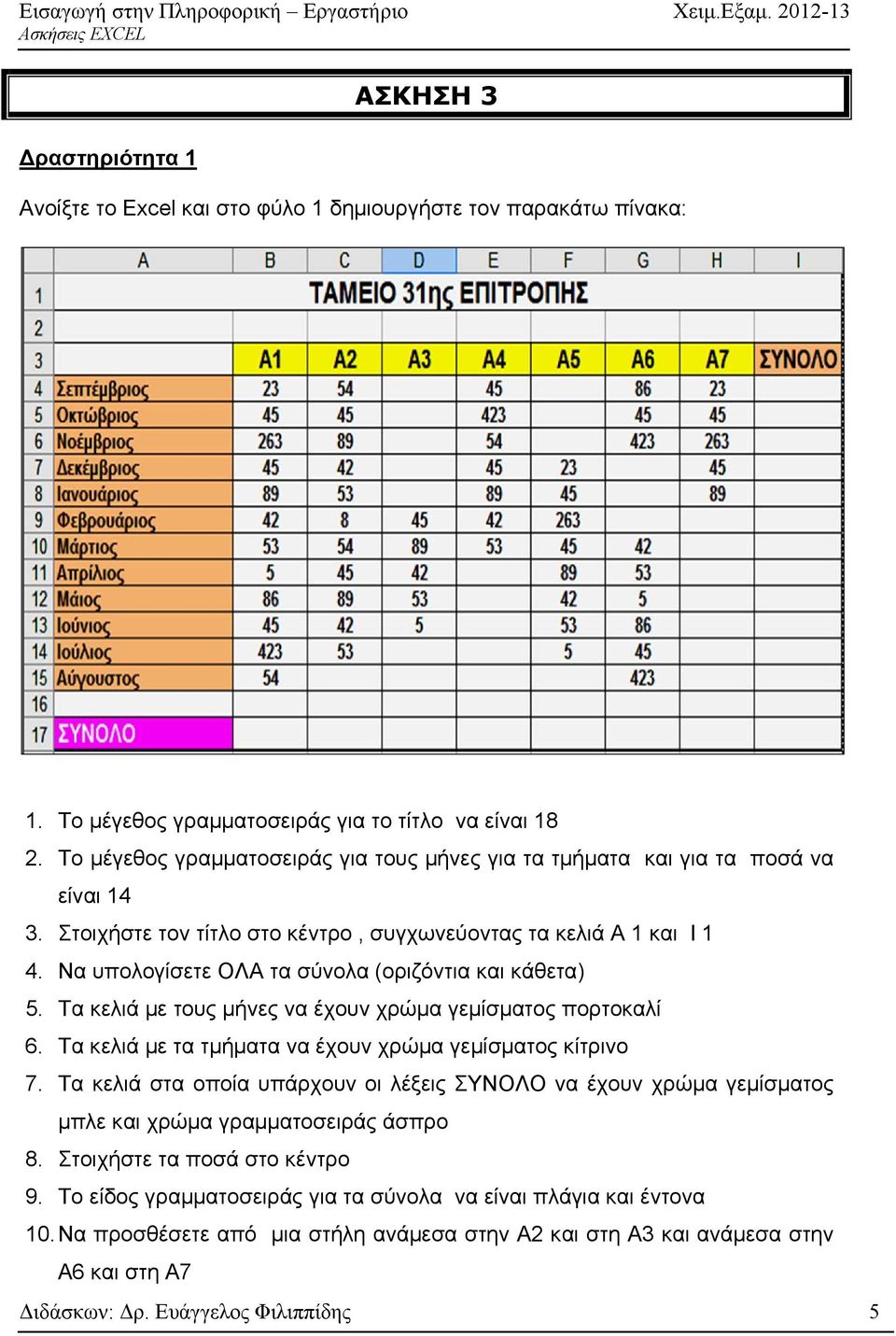 Να υπολογίσετε ΟΛΑ τα σύνολα (οριζόντια και κάθετα) 5. Τα κελιά με τους μήνες να έχουν χρώμα γεμίσματος πορτοκαλί 6. Τα κελιά με τα τμήματα να έχουν χρώμα γεμίσματος κίτρινο 7.