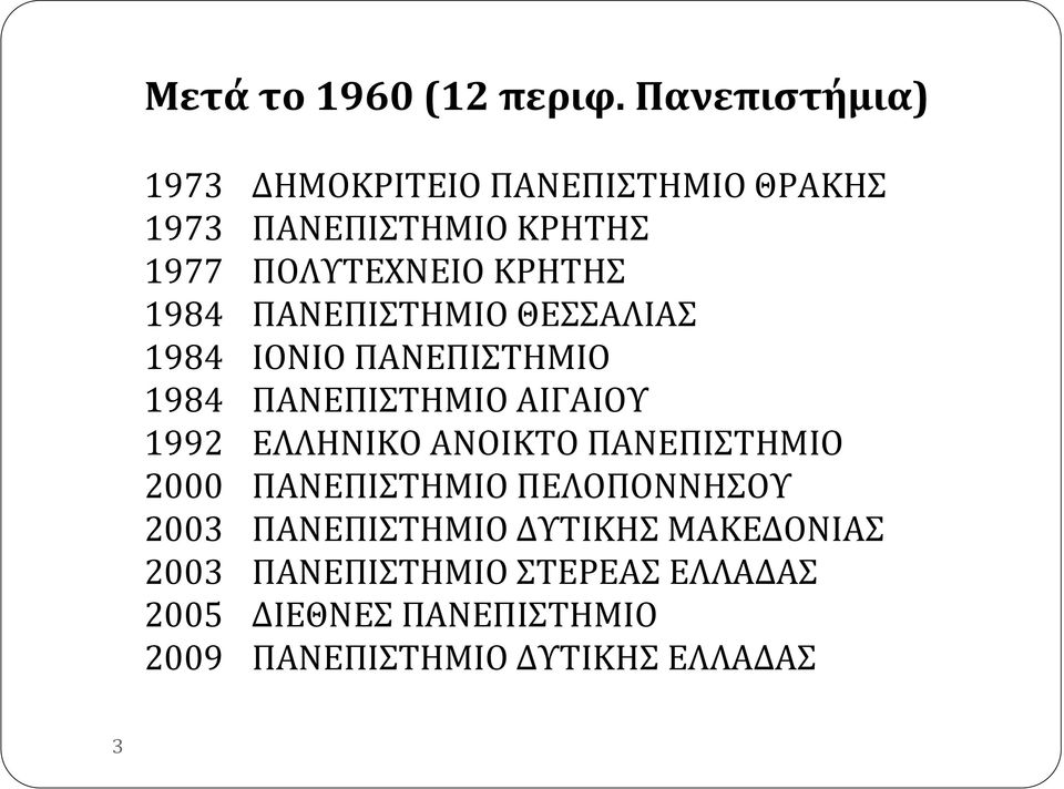 1984 ΠΑΝΕΠΙΣΤΗΜΙΟ ΘΕΣΣΑΛΙΑΣ 1984 ΙΟΝΙΟ ΠΑΝΕΠΙΣΤΗΜΙΟ 1984 ΠΑΝΕΠΙΣΤΗΜΙΟ ΑΙΓΑΙΟΥ 1992 ΕΛΛΗΝΙΚΟ ΑΝΟΙΚΤΟ