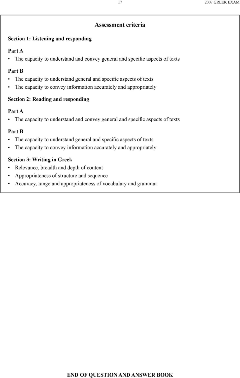 convey general and speciþc aspects of texts Part B The capacity to understand general and speciþc aspects of texts The capacity to convey information accurately and appropriately Section