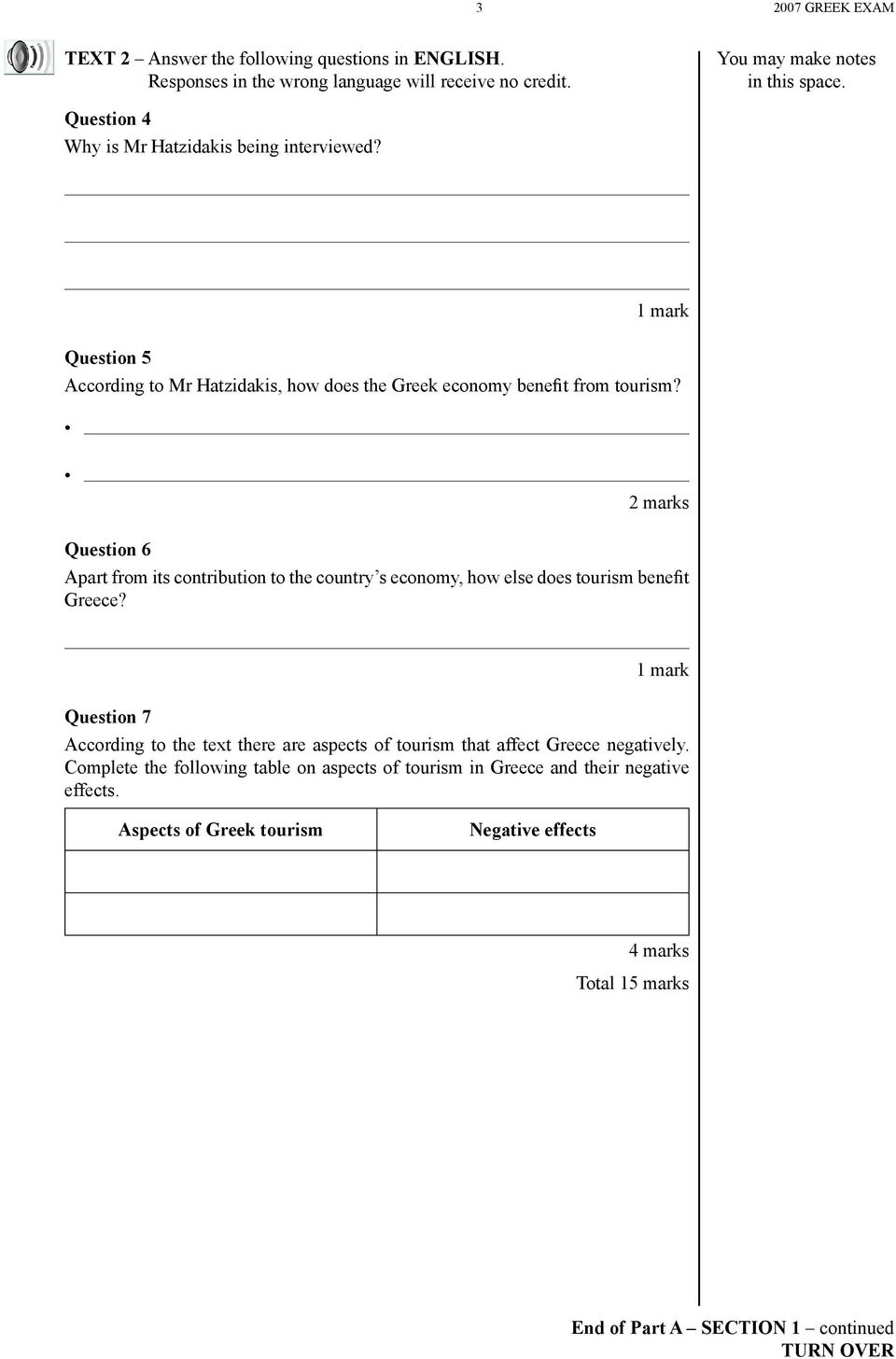 2 marks Question 6 Apart from its contribution to the country s economy, how else does tourism beneþt Greece?