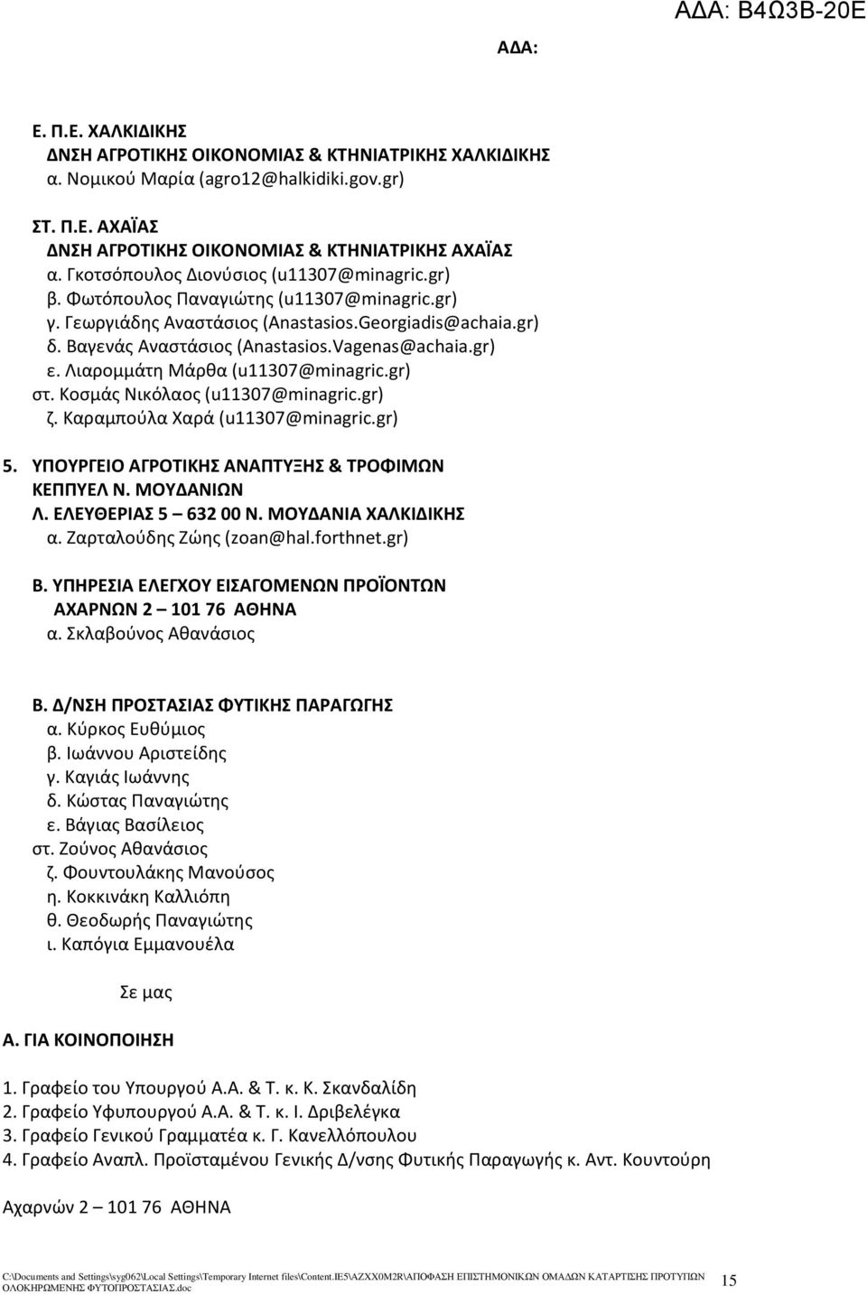 gr) ε. Λιαρομμάτη Μάρθα (u11307@minagric.gr) στ. Κοσμάς Νικόλαος (u11307@minagric.gr) ζ. Καραμπούλα Χαρά (u11307@minagric.gr) 5. ΥΠΟΥΡΓΕΙΟ ΑΓΡΟΤΙΚΗΣ ΑΝΑΠΤΥΞΗΣ & ΤΡΟΦΙΜΩΝ ΚΕΠΠΥΕΛ Ν. ΜΟΥΔΑΝΙΩΝ Λ.