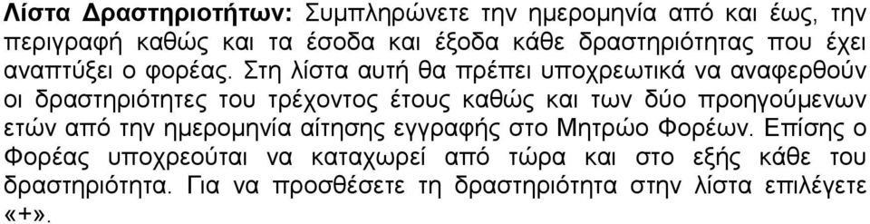 Στη λίστα αυτή θα πρέπει υποχρεωτικά να αναφερθούν οι δραστηριότητες του τρέχοντος έτους καθώς και των δύο προηγούµενων