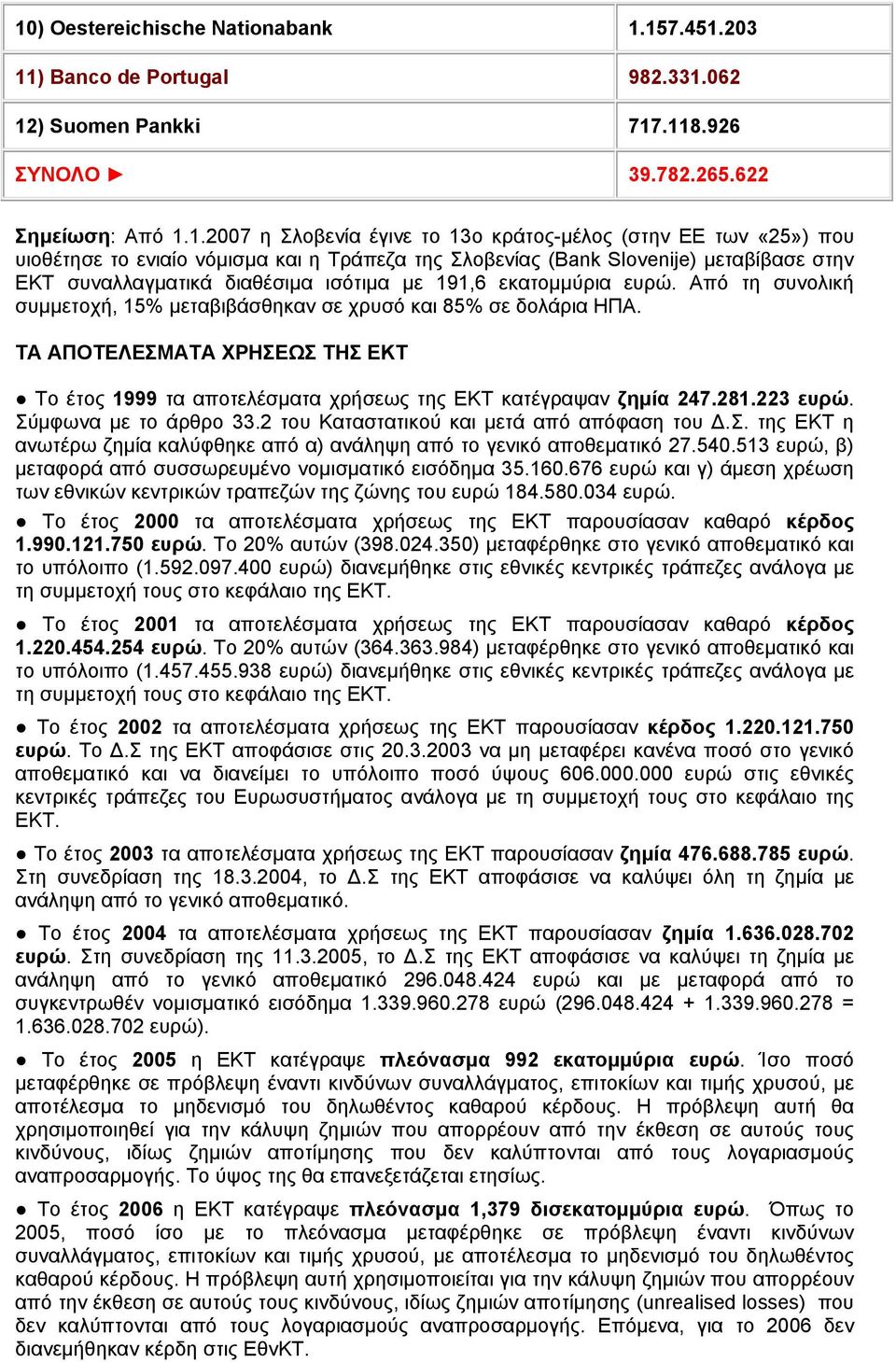 Από τη συνολική συμμετοχή, 15% μεταβιβάσθηκαν σε χρυσό και 85% σε δολάρια ΗΠΑ. ΤΑ ΑΠΟΤΕΛΕΣΜΑΤΑ ΧΡΗΣΕΩΣ ΤΗΣ ΕΚΤ Το έτος 1999 τα αποτελέσματα χρήσεως της ΕΚΤ κατέγραψαν ζημία 247.281.223 ευρώ.