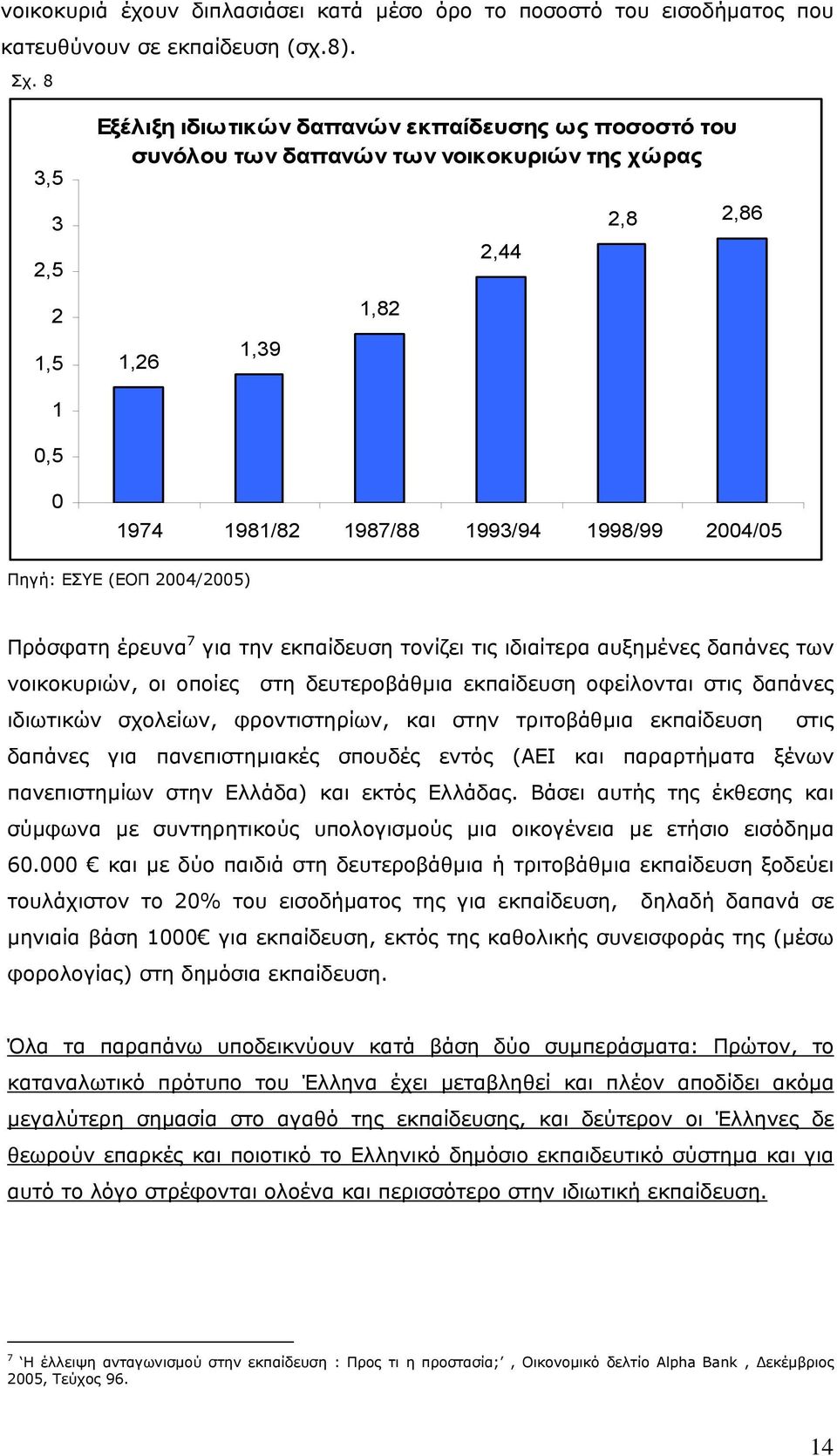 Πηγή: ΕΣΥΕ (ΕΟΠ 2004/2005) Πρόσφατη έρευνα 7 για την εκπαίδευση τονίζει τις ιδιαίτερα αυξηµένες δαπάνες των νοικοκυριών, οι οποίες στη δευτεροβάθµια εκπαίδευση οφείλονται στις δαπάνες ιδιωτικών