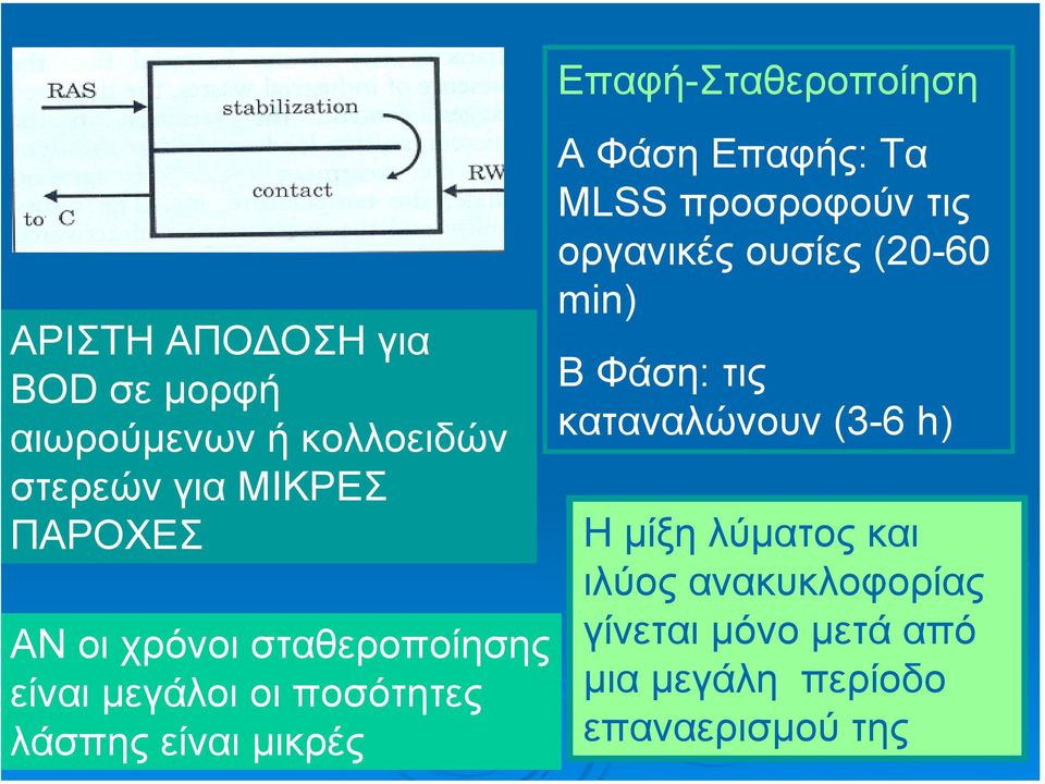 Φάση Επαφής: Τα MLSS προσροφούν τις οργανικές ουσίες (20-60 min) Β Φάση: τις καταναλώνουν