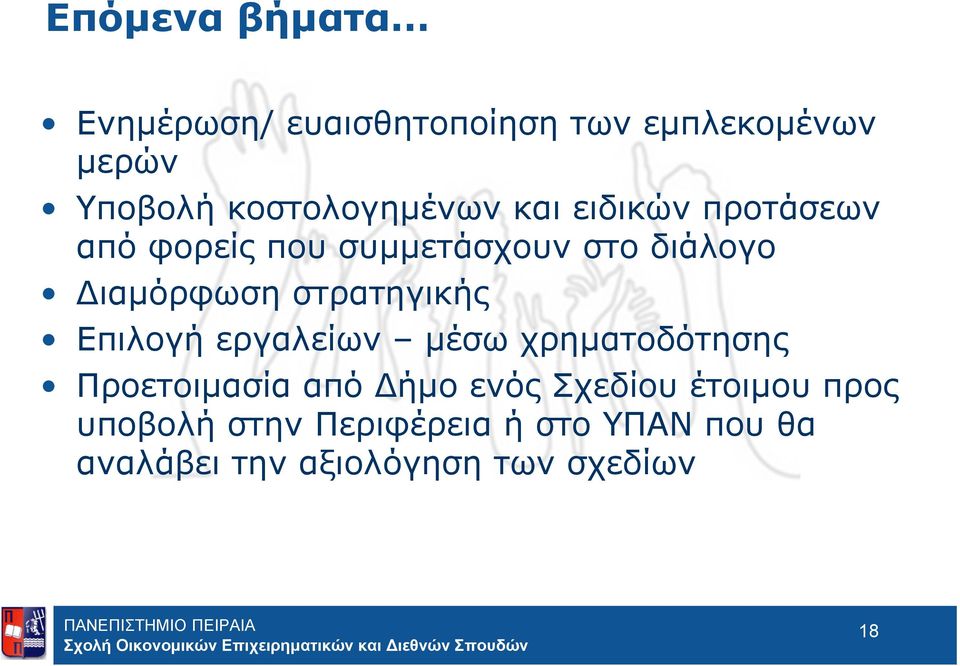 ιαμόρφωση στρατηγικής Επιλογή εργαλείων μέσω χρηματοδότησης Προετοιμασία από ήμο