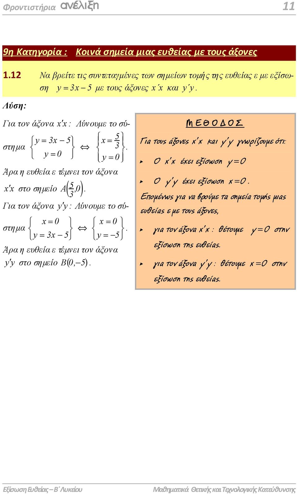 y 0 Άρα η ευθεία ε τέµνει τον άξονα στο σηµείο A 5 (,0) x x. Για τον άξονα yy : Λύνουµε το σύ- x 0 στηµα y x 5 x 0 y 5. Άρα η ευθεία ε τέµνει τον άξονα yy B 0, - 5.
