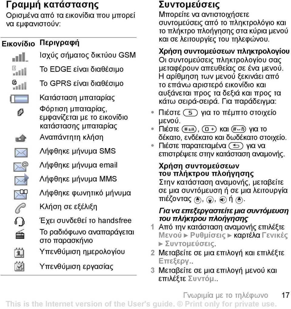 handsfree Το ραδιόφωνο αναπαράγεται στο παρασκήνιο Υπενθύµιση ηµερολογίου Υπενθύµιση εργασίας Συντοµεύσεις Μπορείτε να αντιστοιχήσετε συντοµεύσεις από το πληκτρολόγιο και το πλήκτρο πλοήγησης στα