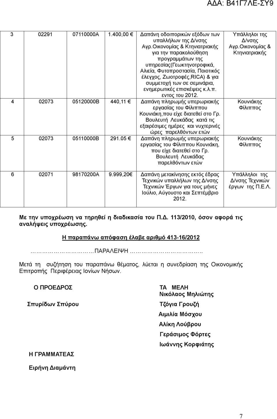 ενημερωτικές επισκέψεις κ.λ.π. εντος του 2012. 4 02073 05120000Β 440,11 Δαπάνη πληρωμής υπερωριακής εργασίας του Φίλιππου Κουνιάκη,που είχε διατεθεί στο Γρ.