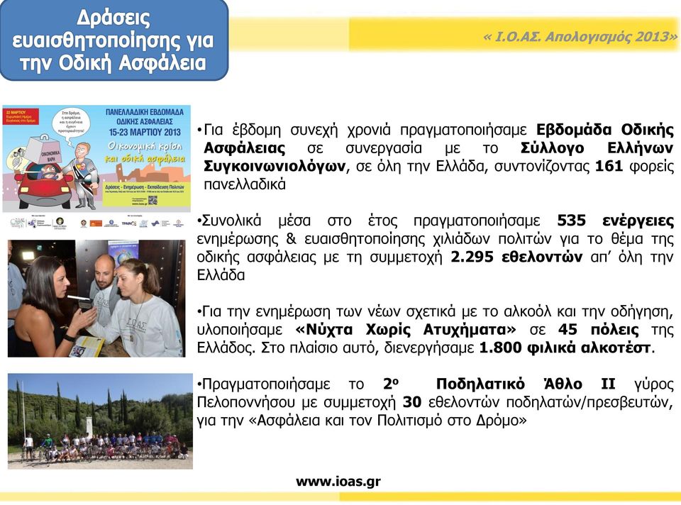 295 εθελοντών απ όλη την Ελλάδα Για την ενημέρωση των νέων σχετικά με το αλκοόλ και την οδήγηση, υλοποιήσαμε «Νύχτα Χωρίς Ατυχήματα» σε 45 πόλεις της Ελλάδος.
