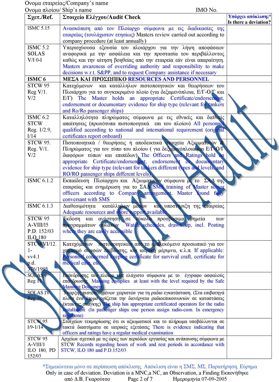 απαραίτητη. Masters awareness of overriding authority and responsibility to make decisions w.r.t. S&PP, and to request Company assistance if necessary ISMC 6 Reg V/1. V/2 ISMC 6.2 STCW Reg. 1/2.