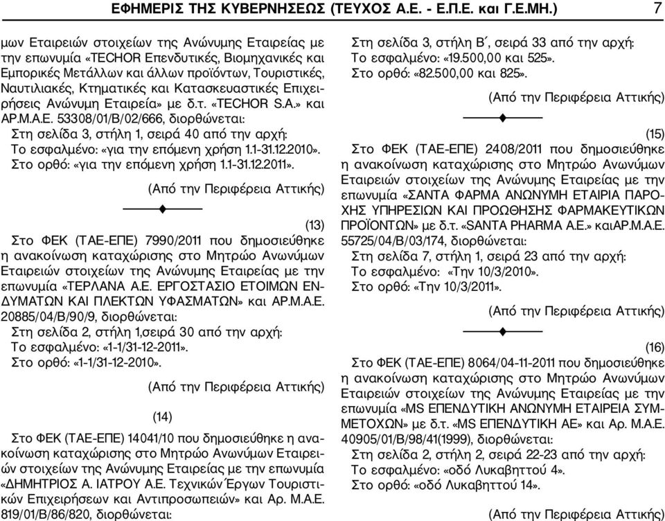 A.» και ΑΡ.Μ.Α.Ε. 53308/01/Β/02/666, διορθώνεται: Στη σελίδα 3, στήλη 1, σειρά 40 από την αρχή: Το εσφαλµένο: «για την επόµενη χρήση 1.1 31.12.2010». Στο ορθό: «για την επόµενη χρήση 1.1 31.12.2011».