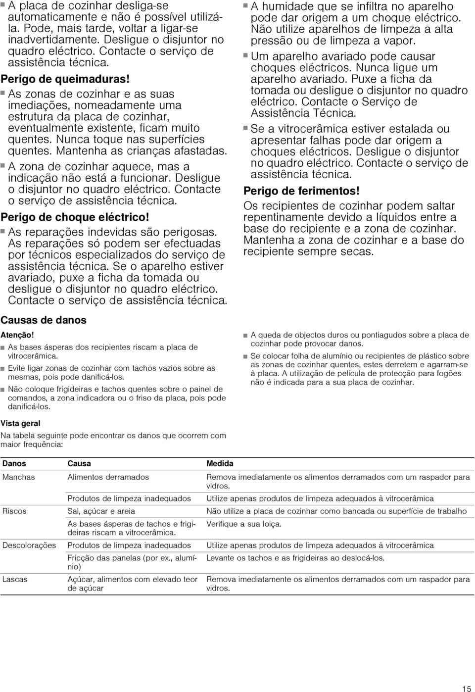 As zonas de cozinhar e as suas imediações, nomeadamente uma estrutura da placa de cozinhar, eventualmente existente, ficam muito quentes. Nunca toque nas superfícies quentes.