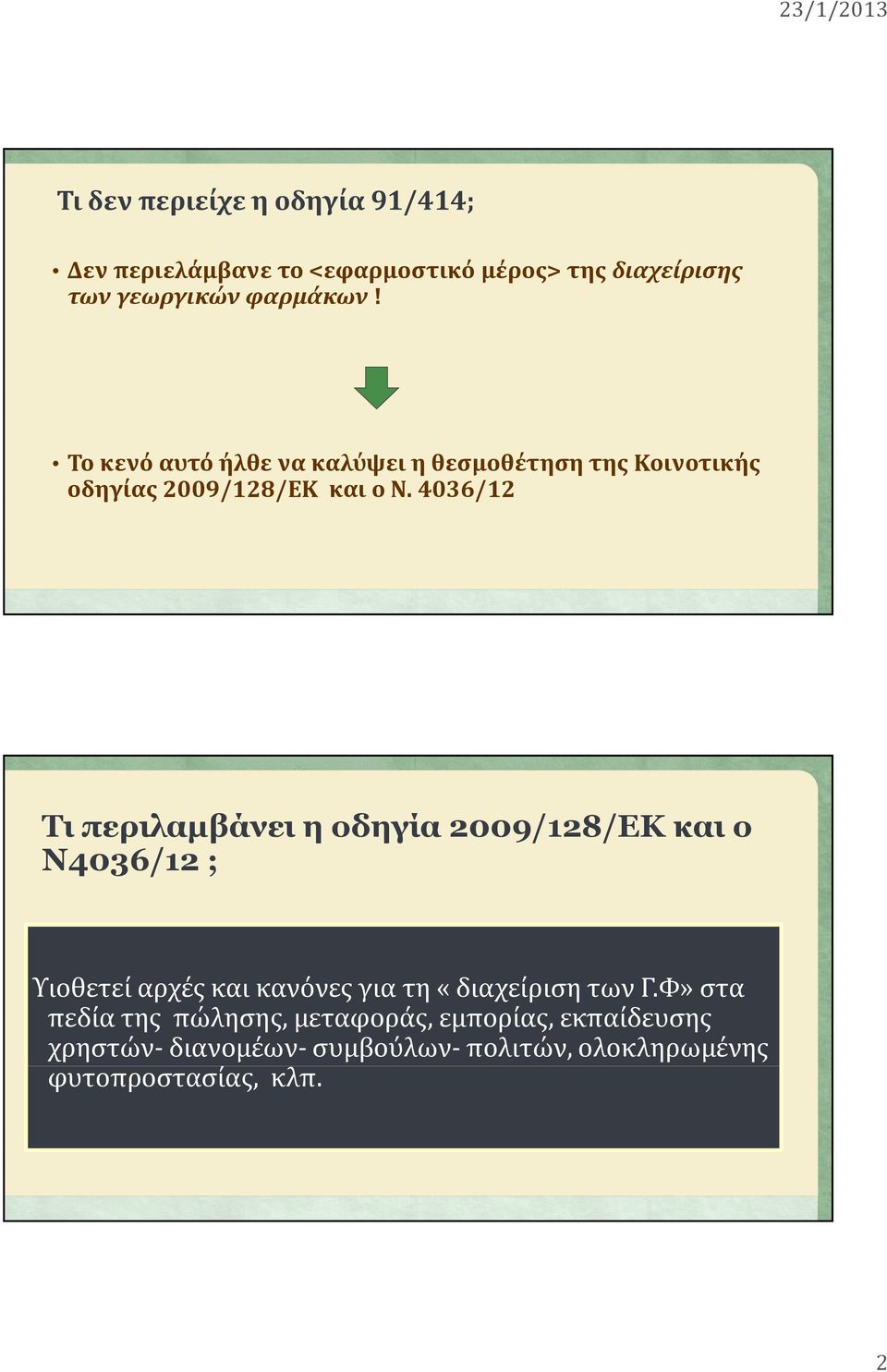 4036/12 Τι περιλαμβάνει η οδηγία 2009/128/ΕΚ και ο Ν4036/12 ; Υιοθετεί αρχές και κανόνες για τη «διαχείριση των Γ.