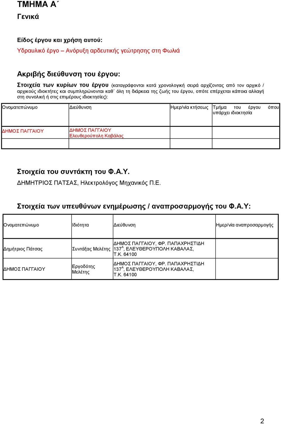 Διεύθυνση Ημερ/νία κτήσεως Τμήμα του έργου όπου υπάρχει ιδιοκτησία ΔΗΜΟΣ ΠΑΓΓΑΙΟΥ ΔΗΜΟΣ ΠΑΓΓΑΙΟΥ Ελευθερούπολη Καβάλας Στοιχεία του συντάκτη του Φ.Α.Υ. ΔΗΜΗΤΡΙΟΣ ΠΑΤΣΑΣ, Ηλεκτρολόγος Μηχανικός Π.Ε. Στοιχεία των υπευθύνων ενημέρωσης / αναπροσαρμογής του Φ.