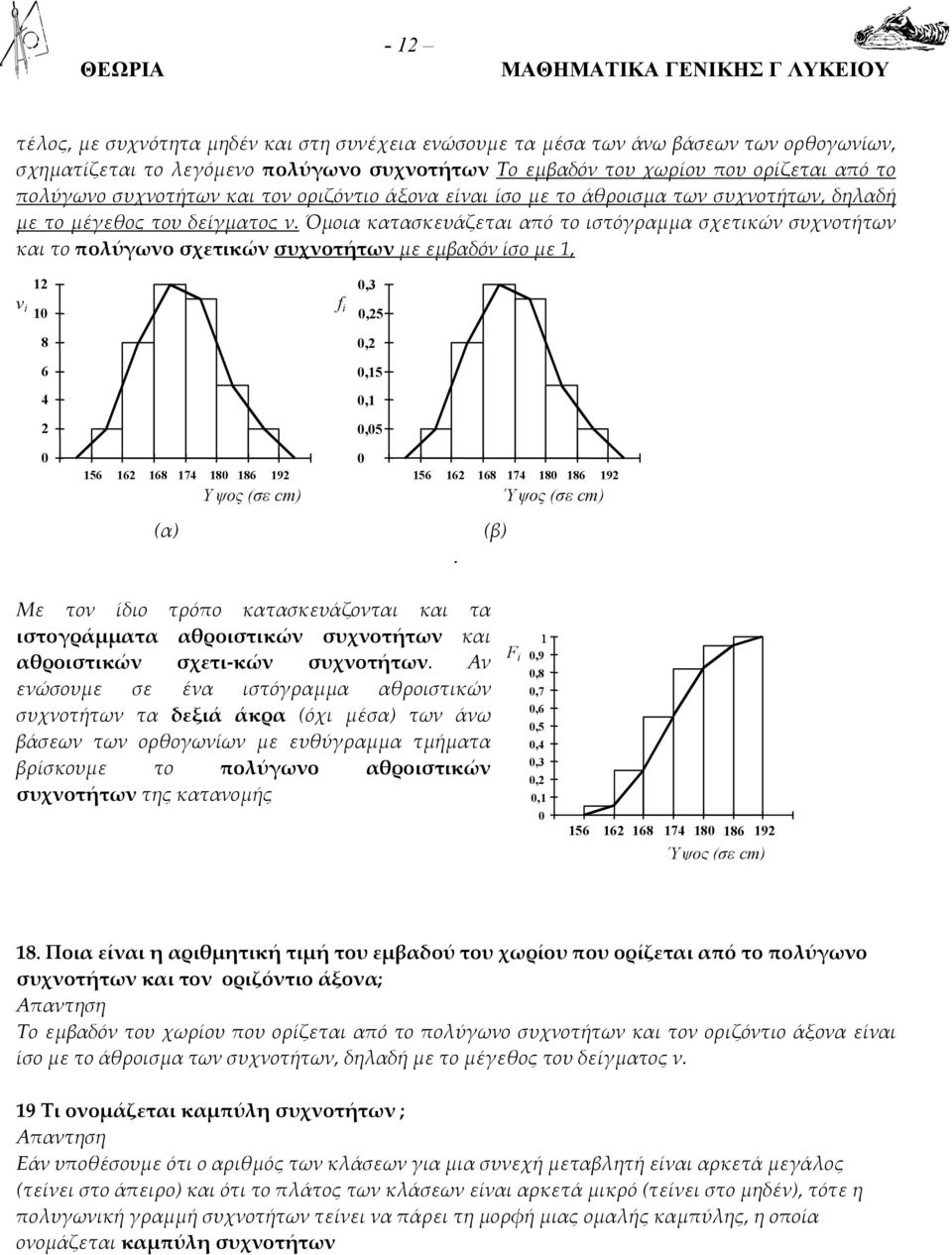 εμβαδόν ίσο με, v 8 6 4,3,5,,5,,5 56 6 68 74 8 86 9 Υ ψος σε cm 56 6 68 74 8 86 9 Ύ ψος σε cm α β Με τον ίδιο τρόπο ατασευάζονται αι τα ιστογράμματα αθροιστιών συχνοτήτων αι αθροιστιών σχετι-ών