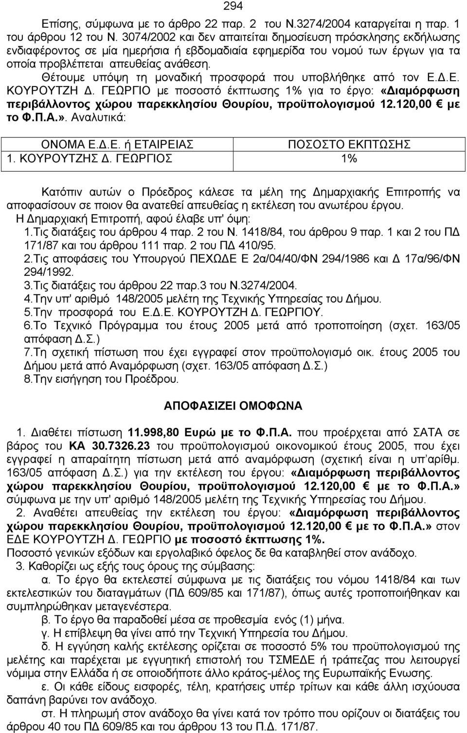 Θέτoυμε υπόψη τη μοναδική προσφορά που υποβλήθηκε από τον Ε.Δ.Ε. ΚΟΥΡΟΥΤΖΗ Δ. ΓΕΩΡΓΙΟ με ποσοστό έκπτωσης 1% για τo έργo: «Διαμόρφωση περιβάλλοντος χώρου παρεκκλησίου Θουρίου, προϋπολογισμού 12.