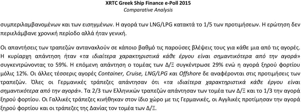 Η κυρίαρχη απάντηση ήταν «τα ιδιαίτερα χαρακτηριστικά κάθε έργου είναι σημαντικότερα από την αγορά» συγκεντρώνοντας το 59%.