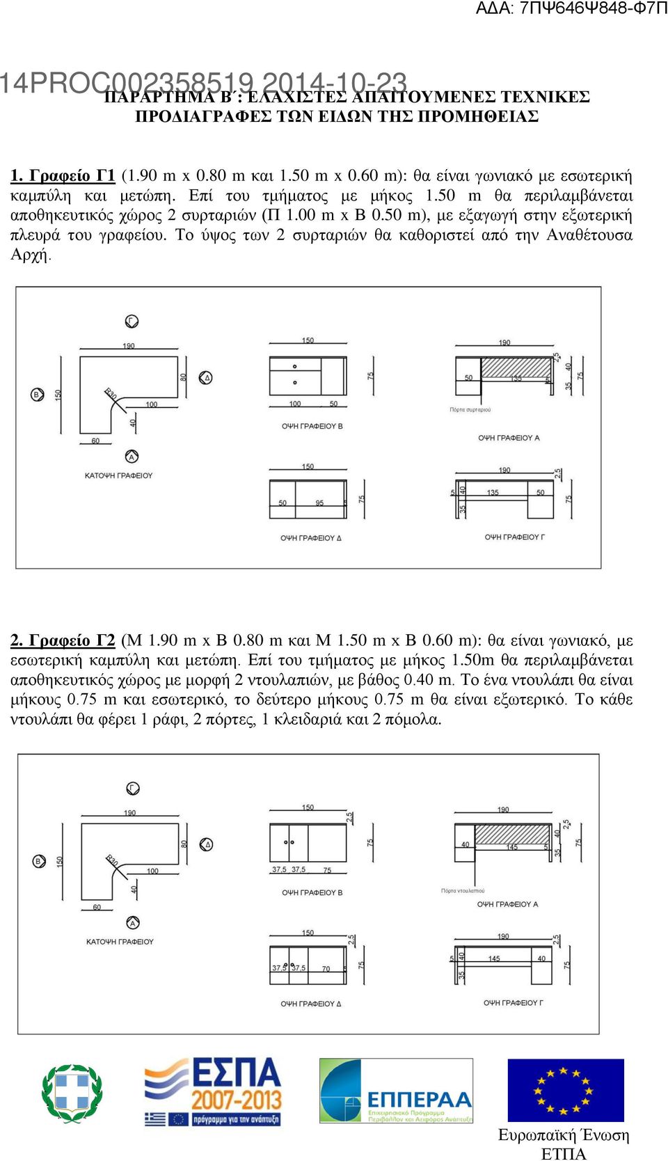Το ύψος των 2 συρταριών θα καθοριστεί από την Αναθέτουσα Αρχή. 2. Γραφείο Γ2 (Μ 1.90 m x Β 0.80 m και Μ 1.50 m x Β 0.60 m): θα είναι γωνιακό, με εσωτερική καμπύλη και μετώπη.