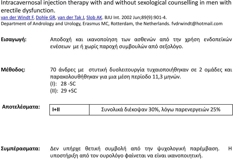 com Εισαγωγή: Αποδοχή και ικανοποίηση των ασθενών από την χρήση ενδοπεϊκών ενέσεων με ή χωρίς παροχή συμβουλών από σεξολόγο.