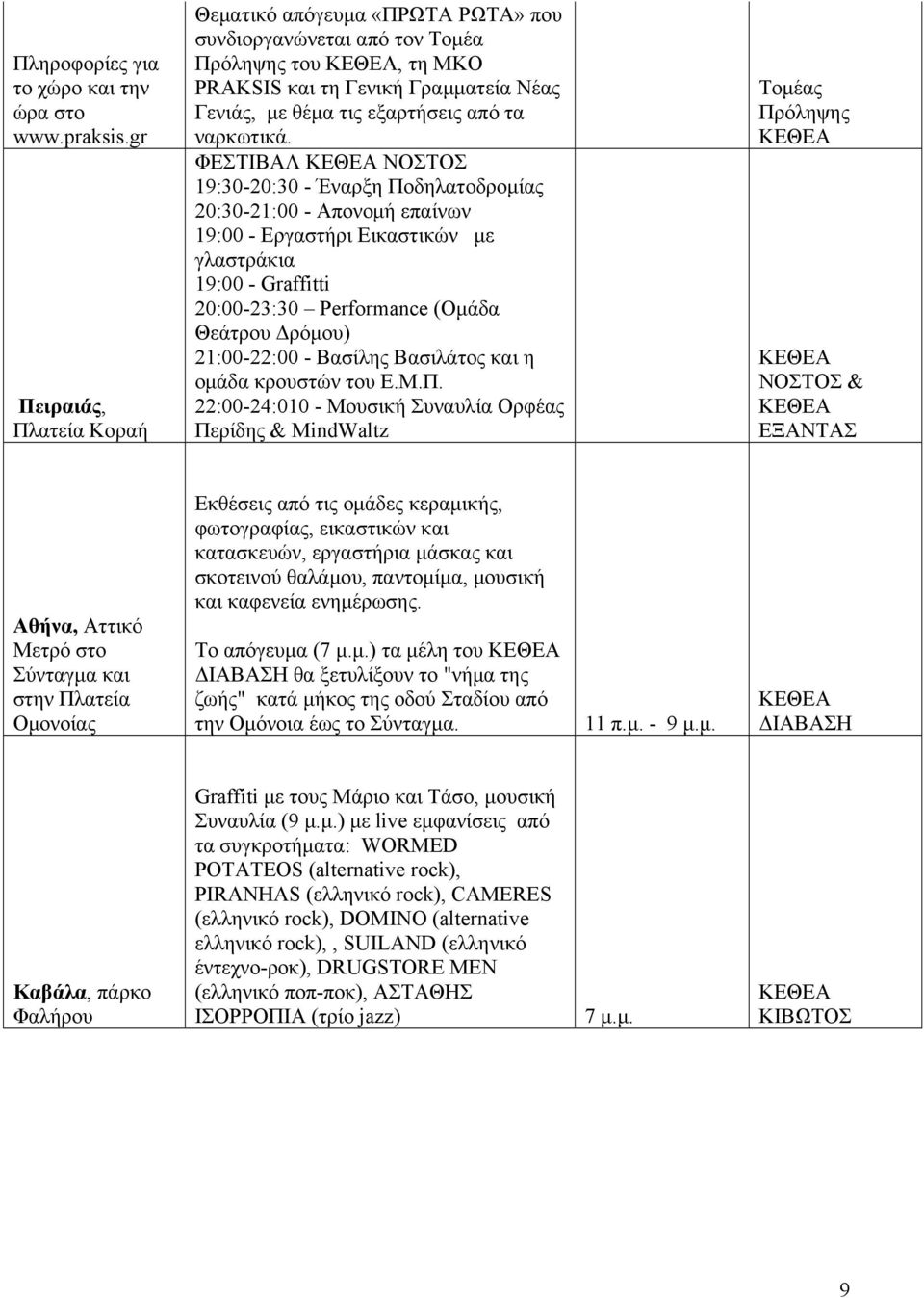 ΦΕΣΤΙΒΑΛ ΝΟΣΤΟΣ 19:30-20:30 - Έναρξη Ποδηλατοδρομίας 20:30-21:00 - Απονομή επαίνων 19:00 - Εργαστήρι Εικαστικών με γλαστράκια 19:00 - Graffitti 20:00-23:30 Performance (Ομάδα Θεάτρου Δρόμου)