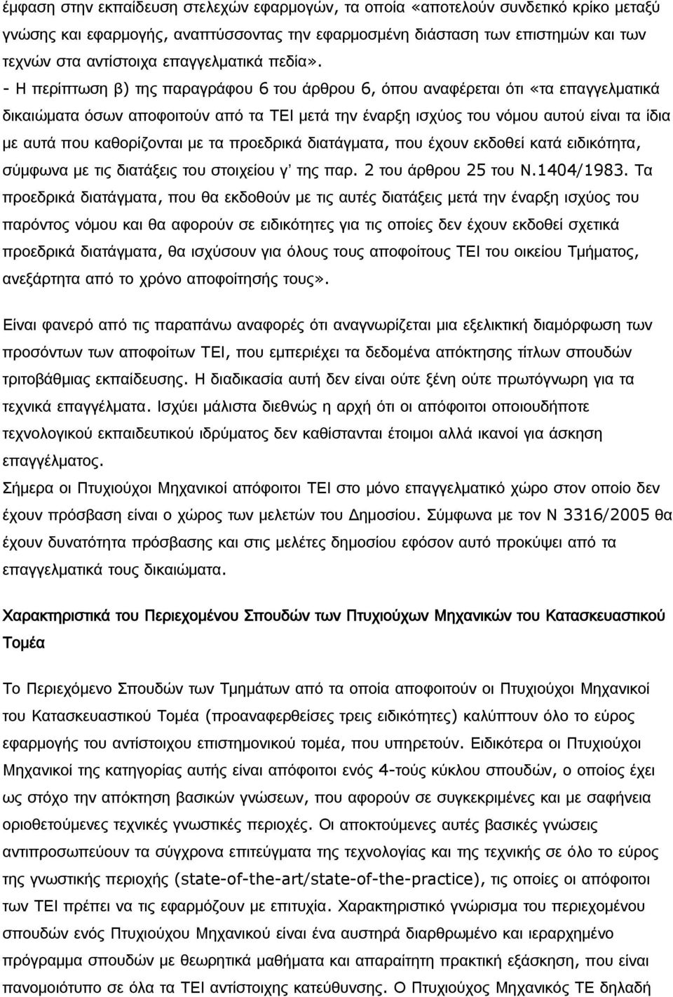 - Η περίπτωση β) της παραγράφου 6 του άρθρου 6, όπου αναφέρεται ότι «τα επαγγελματικά δικαιώματα όσων αποφοιτούν από τα ΤΕΙ μετά την έναρξη ισχύος του νόμου αυτού είναι τα ίδια με αυτά που