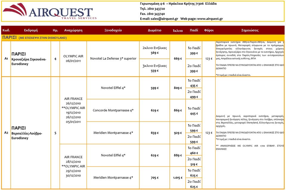 μας, Ασφάλεια αστικής ευθύνης, ΦΠΑ Α2 Βερσαλλίες Λούβρο 5 2/12/2010 ** 19/12/2010 2/12/2010 05/01/2011 Novotel Eiffel 4* 599 809 Concorde Montparnasse 4* 29 89 Meridien Montparnasse 4* 59 929 435 499