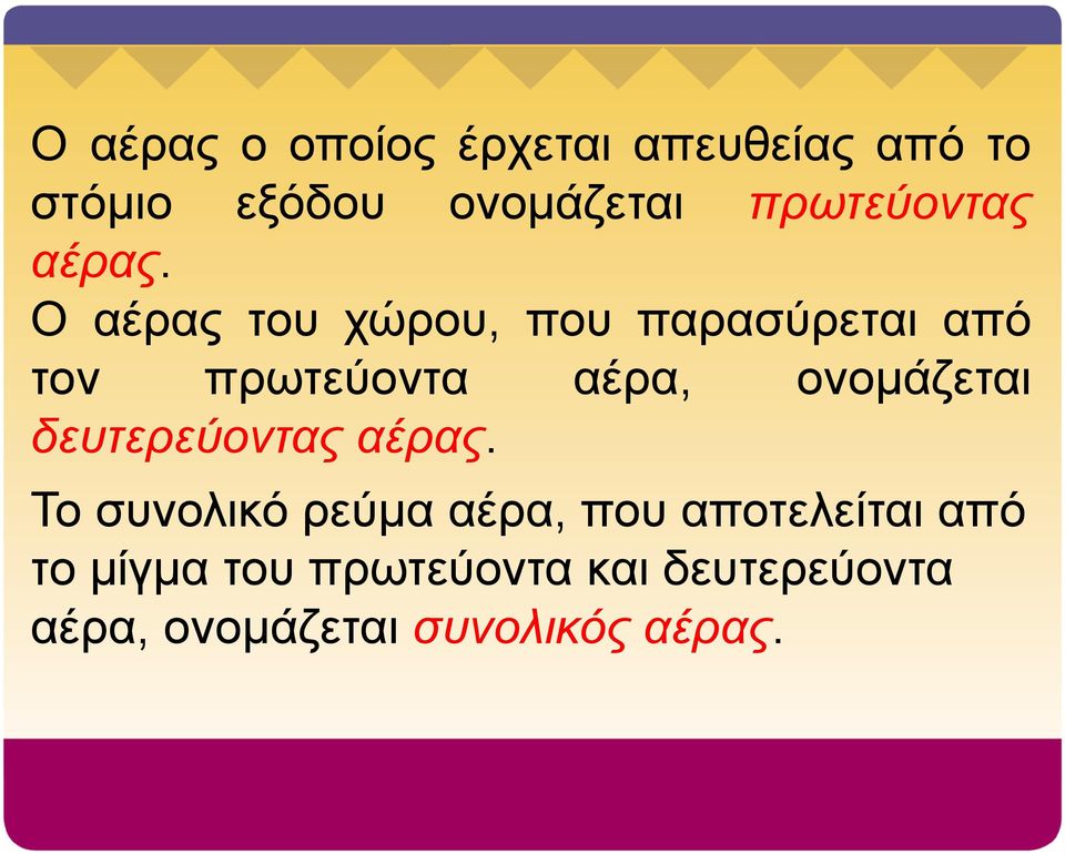 Ο αέρας του χώρου, που παρασύρεται από τον πρωτεύοντα αέρα, ονομάζεται