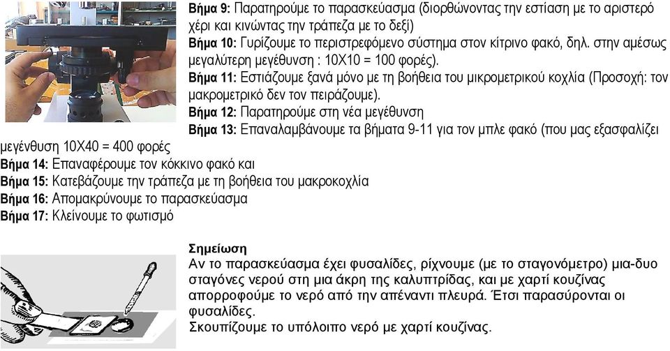 Βήμα 12: Παρατηρούμε στη νέα μεγέθυνση Βήμα 13: Επαναλαμβάνουμε τα βήματα 9-11 για τον μπλε φακό (που μας εξασφαλίζει μεγένθυση 10X40 = 400 φορές Βήμα 14: Επαναφέρουμε τον κόκκινο φακό και Βήμα 15: