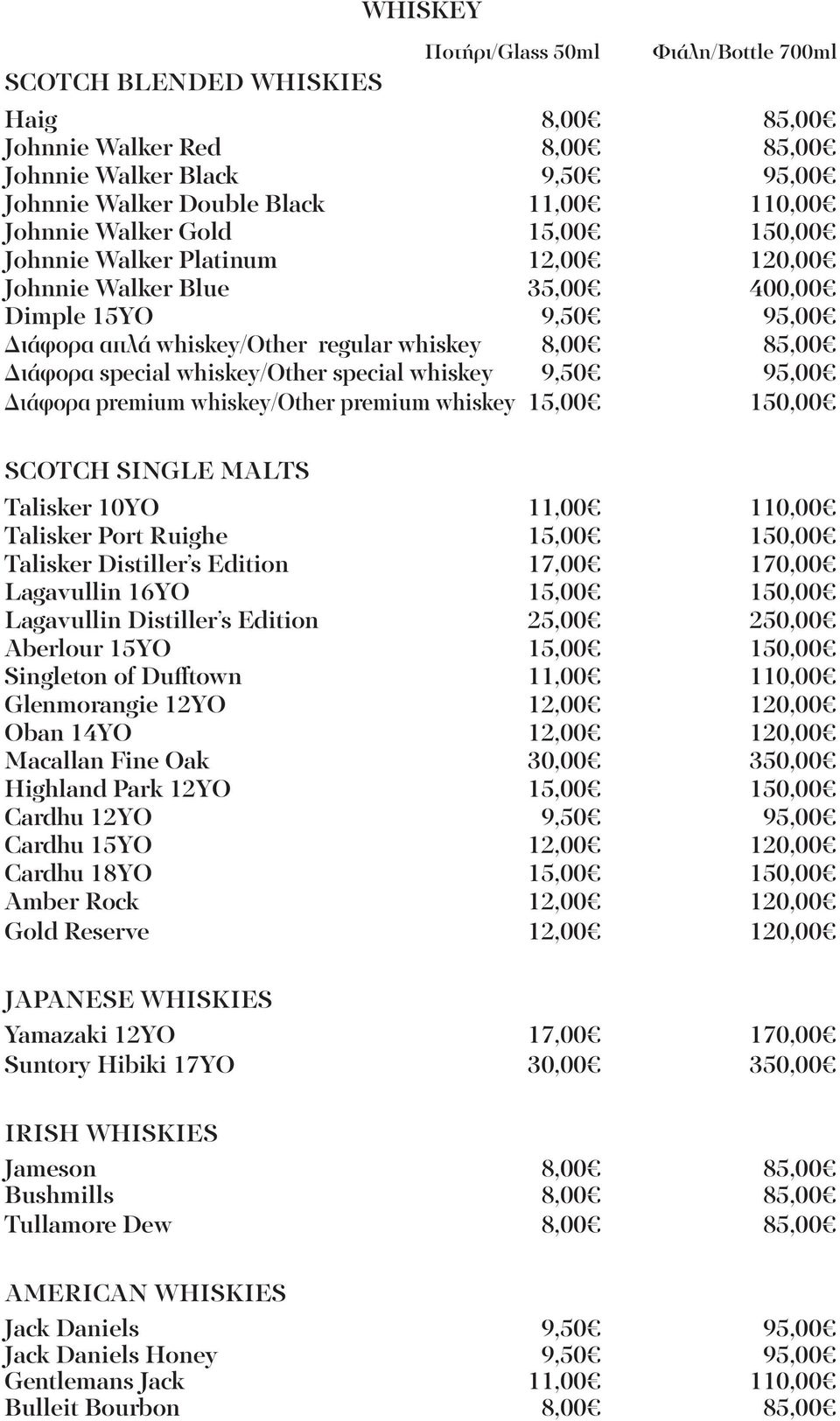 whiskey/other special whiskey 9,50 95,00 Διάφορα premium whiskey/other premium whiskey 15,00 150,00 SCOTCH SINGLE MALTS Talisker 10YO 11,00 110,00 Talisker Port Ruighe 15,00 150,00 Talisker Distiller