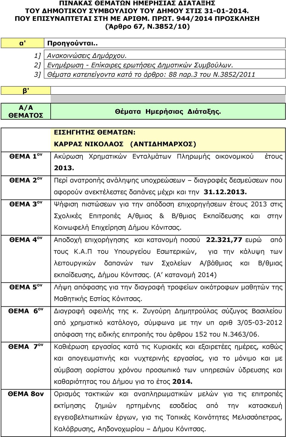 ΕΙΣΗΓΗΤΗΣ ΘΕΜΑΤΩΝ: ΚΑΡΡΑΣ ΝΙΚΟΛΑΟΣ (ΑΝΤΙ ΗΜΑΡΧΟΣ) ΘΕΜΑ 1 ον Ακύρωση Χρηµατικών Ενταλµάτων Πληρωµής οικονοµικού έτους 2013.