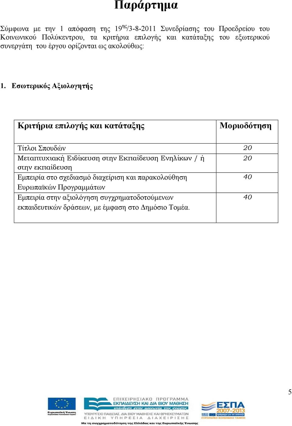 Εσωτερικός Αξιολογητής Κριτήρια επιλογής και κατάταξης Μοριοδότηση Τίτλοι Σπουδών 20 Μεταπτυχιακή Ειδίκευση στην Εκπαίδευση Ενηλίκων /
