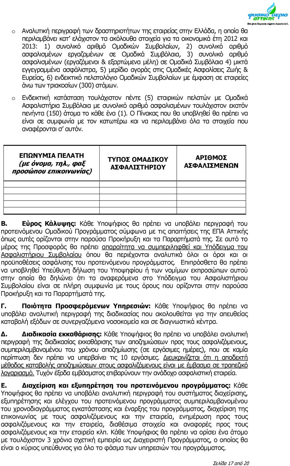 μερίδιο αγοράς στις Ομαδικές Ασφαλίσεις Ζωής & Ευρείας, 6) ενδεικτικό πελατολόγιο Ομαδικών Συμβολαίων με έμφαση σε εταιρείες άνω των τριακοσίων (300) ατόμων.