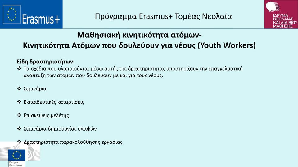 επαγγελματική ανάπτυξη των ατόμων που δουλεύουν με και για τους νέους.