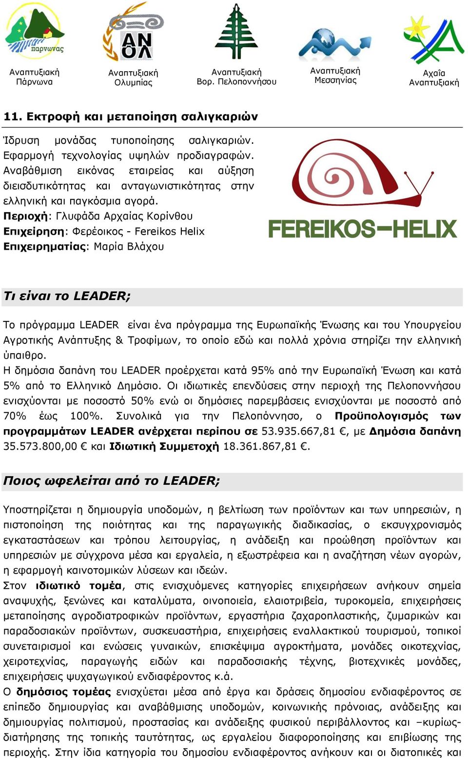 Περιοχή: Γλυφάδα Αρχαίας Κορίνθου Επιχείρηση: Φερέοικος - Fereikos Helix Επιχειρηματίας: Μαρία Βλάχου Τι είναι το LEADER; Το πρόγραμμα LEADER είναι ένα πρόγραμμα της Ευρωπαϊκής Ένωσης και του