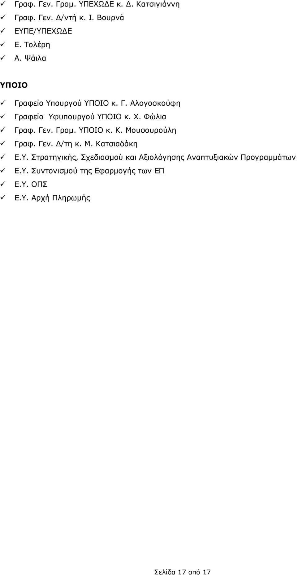 Γραμ. ΥΠΟΙΟ κ. Κ. Μουσουρούλη Γραφ. Γεν. Δ/τη κ. Μ. Κατσιαδάκη Ε.Υ. Στρατηγικής, Σχεδιασμού και Αξιολόγησης Αναπτυξιακών Προγραμμάτων Ε.